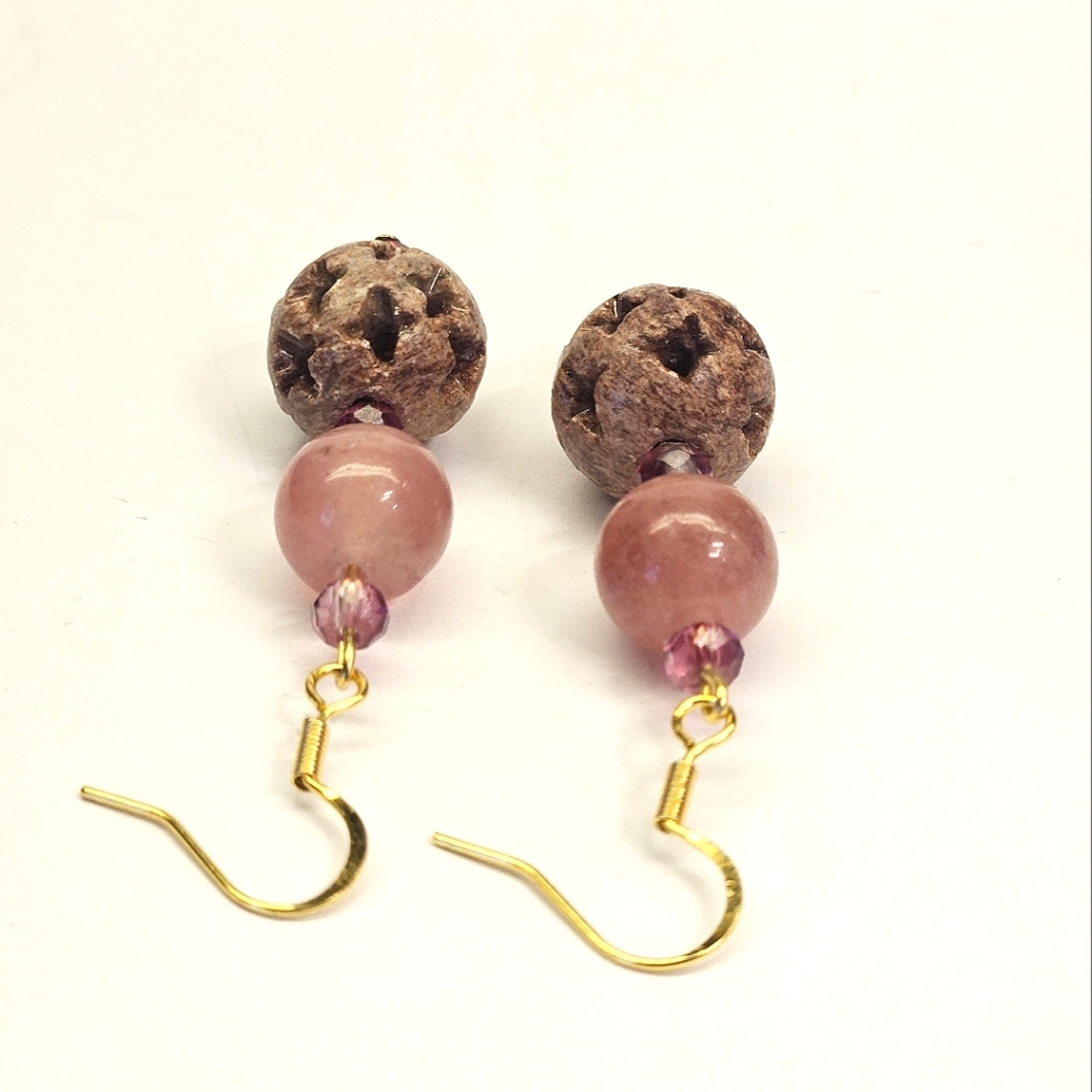 Handmade Earrings Strawberry Quartz and Soapstone Beaded Earrings - Picture 3 of 6